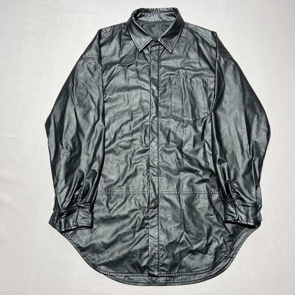 Juun.J Men's Black Faux Leather Button-Up Oversized Longline Shirt Jacket Size M